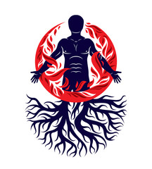 Vector illustration of human being created with tree roots. Human and nature harmony, fire man covered with a fireball.