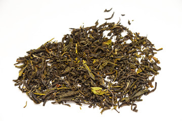 green tea leaves on white background