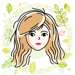 Vector illustration of beautiful blonde female face, positive face features, spring theme clipart.