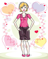 Young beautiful blonde woman standing on colorful backdrop with romantic hearts and wearing casual clothes. Vector character.