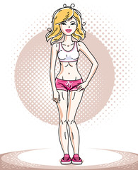 Attractive young blonde sportswoman adult standing. Vector illustration of lady wearing pink shorts.  Sport style.