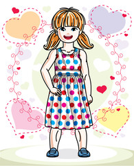 Beautiful little red-haired girl posing on colorful backdrop with romantic hearts. Vector kid illustration.