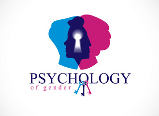 Gender psychology concept created with man and woman heads profiles and keyhole with key of understanding, vector logo or illustration of relationship problems and conflicts in family and society.