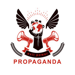 Marketing poster composed with loudspeaker equipment and raised arm holding globe, vector illustration. Global authority as the means of political and social influence