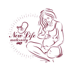 Pregnant woman elegant body silhouette, sketchy vector illustration. Pregnancy support and mother care advertising flyer