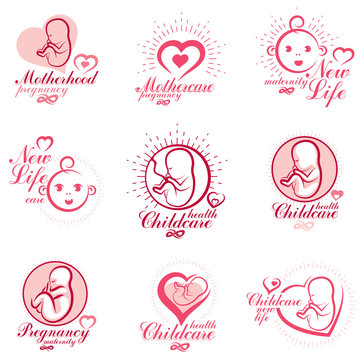 Vector embryo and newborn emblems collection. New life beginning drawings. Gynecology and pregnancy medical care clinic conceptual emblems
