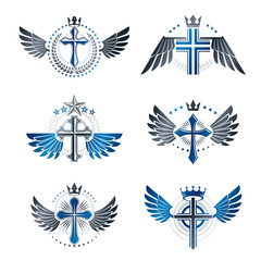 Crosses Religious emblems set. Heraldic Coat of Arms, vintage vector logos collection.