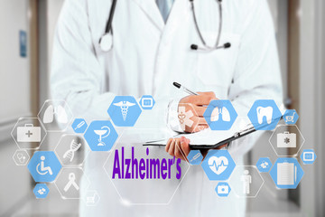 Medical Doctor  and Alzheimer's sign in Medical network connection on the virtual screen on hospital background.Technology and medicine concept.