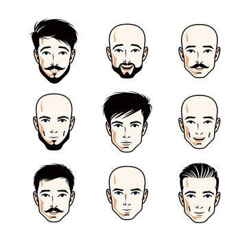 Collection of Caucasian men faces expressing different emotions, vector human head illustrations.