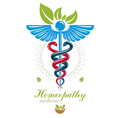 Pharmacy Caduceus icon, vector medical logo for use in holistic medicine, rehabilitation or pharmacology. Homeopathy creative symbol composed with mortar and pestle.