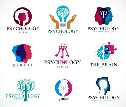 Psychology, human brain, psychoanalysis and psychotherapy, relationship and gender problems, personality and individuality, cerebral neurology, mental health. Vector icons or logos set.