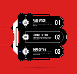 Hi-tech template with three options in black and red techno style on flat vibrant background