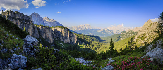 Great sunset view of the top Tofana di Rozes and Cinque Torri range in  Dolomites, South Tyrol. Location Cortina d'Ampezzo, Italy, Europe. Dramatical cloudy scene. Beauty of mountains world.