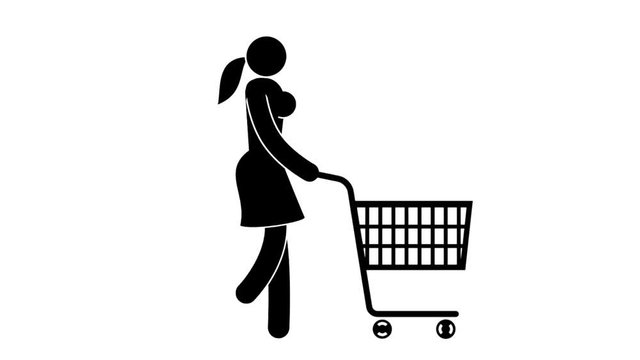 Pictogram woman rolls a shopping cart in front of her. Looped animation with alpha channel.