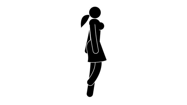 Pictogram woman icon is walking happily with bouncing gait. Looped animation with alpha channel.