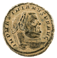 Ancient Roman copper coin of Emperor Maximianus Herculeus. Follis. Obverse.