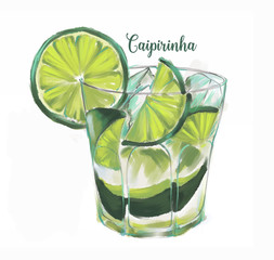 Artistic illustration with hand drawn effect. Caipirinha summer cocktail with lime and ice. Fresh drink drawing isolated on the white background
