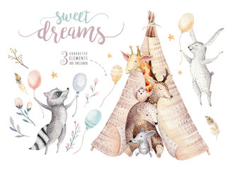 Cute baby giraffe, deer animal nursery mouse and bear, raccoon and bunny isolated illustration for children. Watercolor boho forest cartoon Birthday patry teepee invitation © kris_art