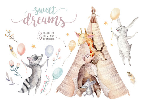 Cute baby giraffe, deer animal nursery mouse and bear, raccoon and bunny isolated illustration for children. Watercolor boho forest cartoon Birthday patry teepee invitation