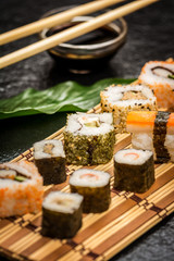 Sushi rolls hosomaki and uramaki