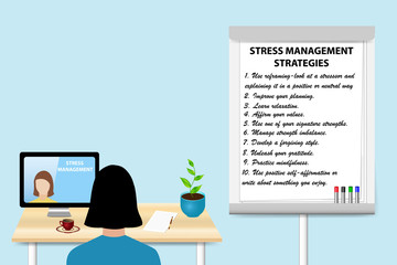 Woman is educating in stress management strategies by a woman communicating with her from a PC standing on the table. Description of Stress management strategies is written on the flipchart 