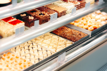 Cake Desserts in Showcase Window in Confectionery Store