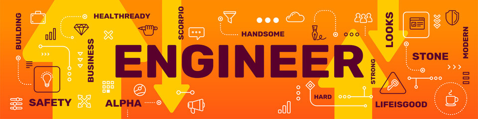 Profession engineer concept on red background. Vector creative illustration of engineer word lettering typography with line icon, tag cloud, arrow.