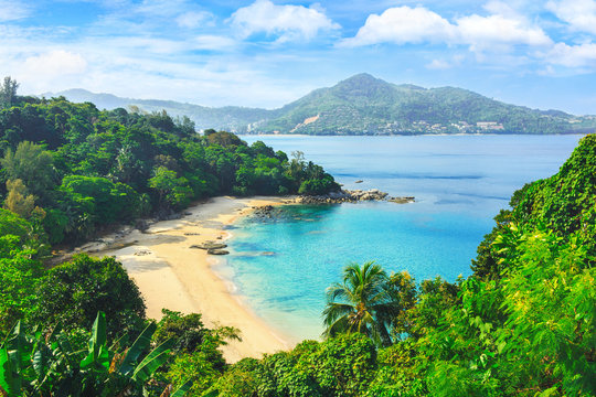 Fototapeta Picturesque view of Andaman sea in Phuket island, Thailand. View through the jungle on the beautiful bay and mountains. Tropical beach Laem Singh.