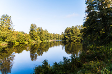 Fototapeta na wymiar Park mit See und satten grünen Bäumen am Ufer bei sonnigem Wetter