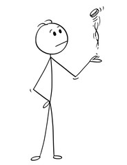 Cartoon stick man drawing conceptual illustration of businessman making decision by tossing, flipping or spinning a coin. Business concept of luck, coincidence and chance.