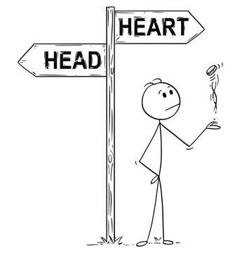 Cartoon stick man drawing conceptual illustration of businessman making decision by tossing, flipping or spinning a coin, standing on the crossroad with head or heart arrow sign. Business concept of