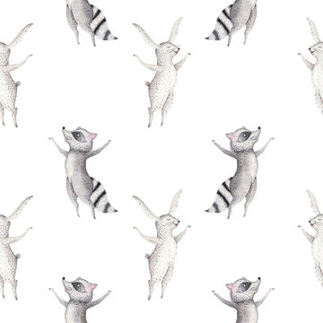 Cute family baby raccon, deer and bunny. animal nursery giraffe, and bear isolated illustration. Watercolor boho raccon drawing nursery seamless pattern. Kids background, nursery print