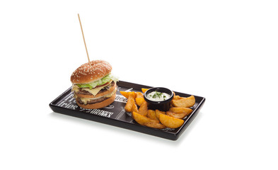 Fototapeta na wymiar double hamburger on with french fries on plate with salad on white background,Burger ,Fast food meal