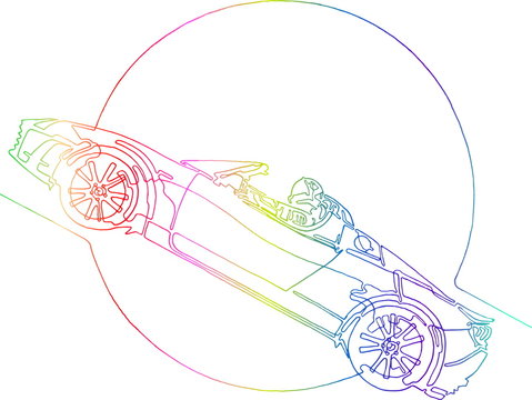 Starman astronaut on cabriolet in space, continuous line