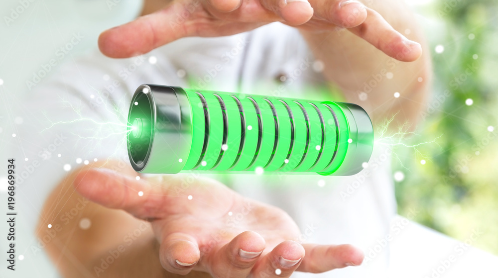 Aufkleber businessman using green battery with lightnings 3d rendering