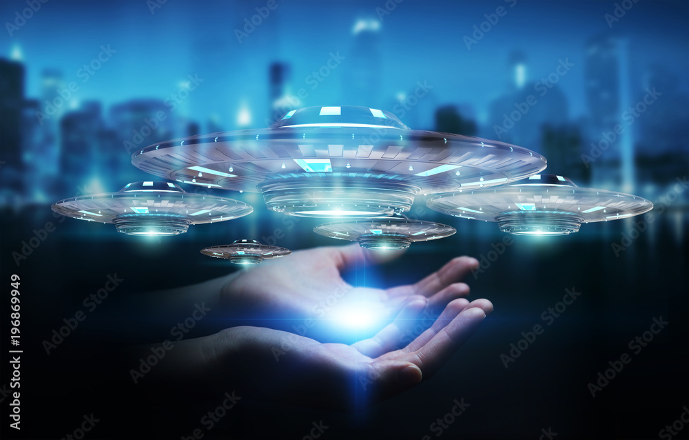Poster businesswoman with retro ufo spaceship 3d rendering
