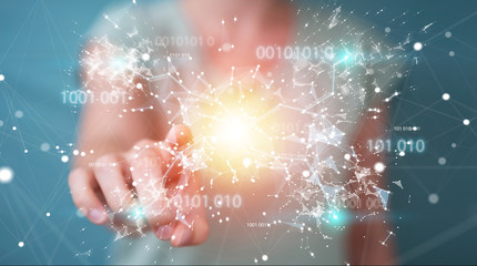 Businesswoman using digital binary code connection network 3D rendering
