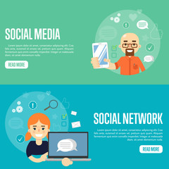 Cartoon man holding smartphone. Smiling girl holding laptop with speech bubbles on screen. Social media network banners, vector illustration. Connecting people, social networking. Virtual marketing