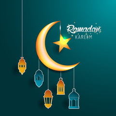 Ramadan Kareem background icon vector illustration design graphic with islamic crescent moon 3D and paper lantern.