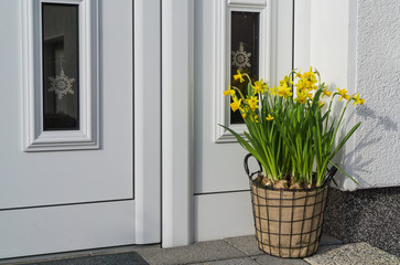 White front door with a bowl of daffodils next to it