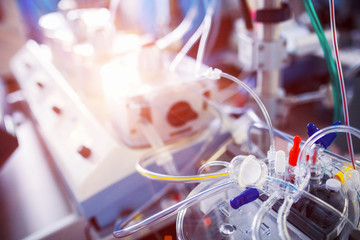 Heart lung machine for heart surgery in operating room. Apparatus of artificial circulation, background,