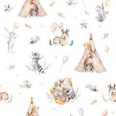 Leuke familie baby raccon, herten en konijnen. dierenkwekerij giraf en beer geïsoleerde illustratie. Aquarel boho raccon tekening kinderkamer naadloze patroon. Kinder achtergrond, kinderkamer print
