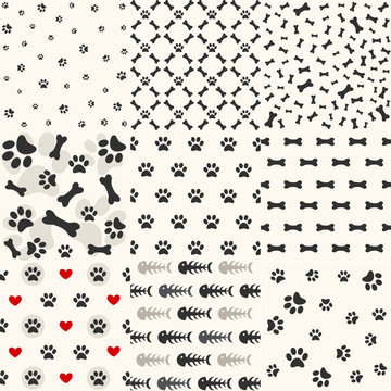 Set of patterns with paw footprints and bones