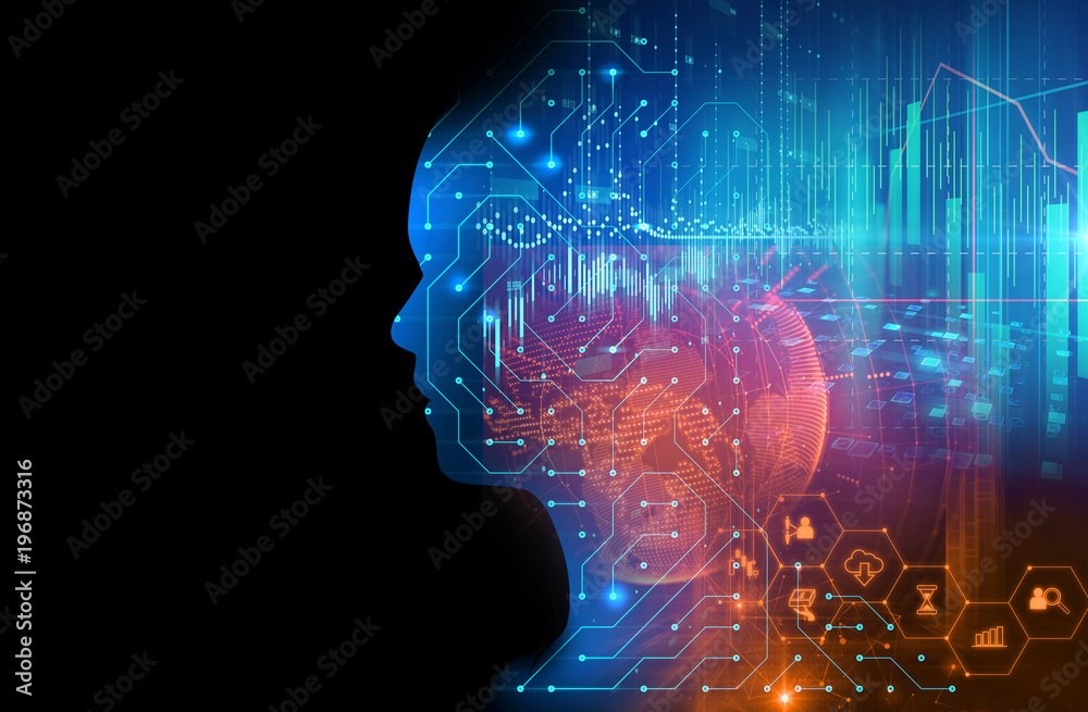 Poster silhouette of virtual human on circuit pattern technology 3d illustration