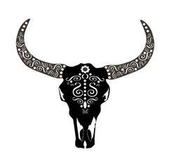 Cows head, animal skull black with ornament details