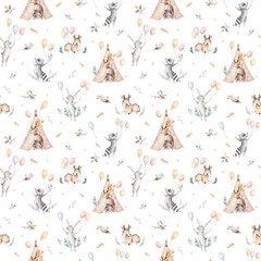 Cute family baby raccon, deer and bunny. animal nursery giraffe, and bear isolated illustration. Watercolor boho raccon drawing nursery seamless pattern. Kids background, nursery print