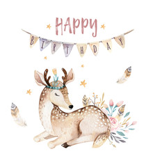 Cute baby deer animal nursery isolated illustration for children. Watercolor boho forest cartoon...