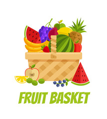 Wicker basket full of fruits gooseberry, garnet, lemon, orange, apple, banana, grapes, pineapple, strawberry, watermelon. Agriculture garden farming concept. Vector flat cartoon isolated illustration