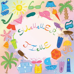 Summer Time. Hand Drawn Summer Vacancies Symbols. Colorful Doodle Boats, Ice cream, Palms, Hat, Umbrella, Jellyfish, Cocktail, Sun. Vector Illustration.