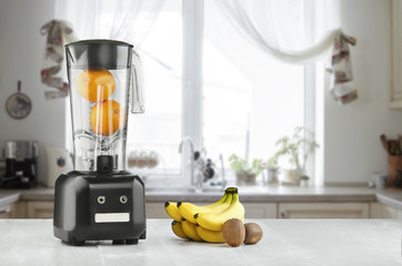 Blender, fruits and kitchen space